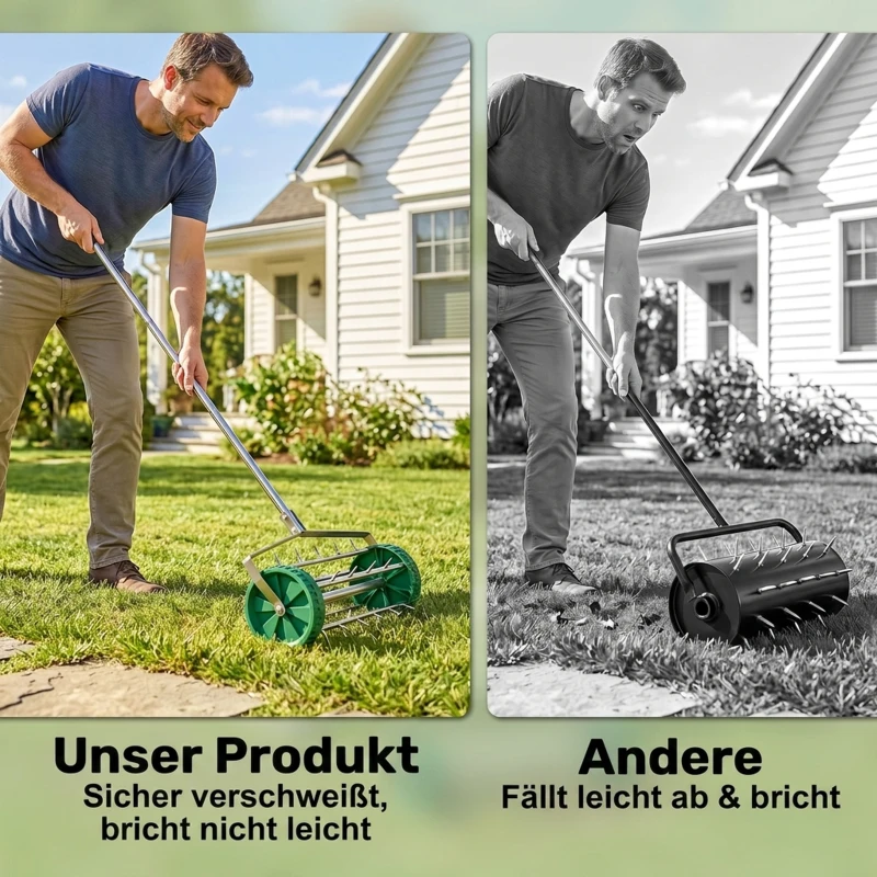 Outsunny gazonbeluchter handvat lengte verstelbaar handverticuteer gazonbeluchter spiked roller gazon rollende gazonbeluchter onderhoud tuin verzinkte buis groen + zilver 135 x 42,5 x 15 cm