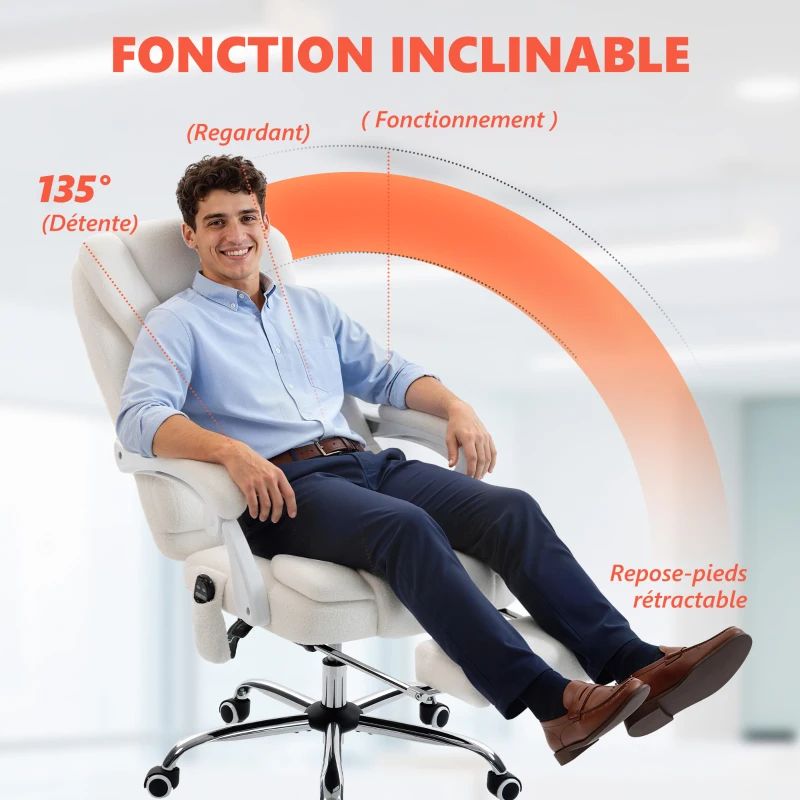 Vinsetto Fauteuil de bureau direction massant chauffant hauteur réglable dossier inclinable toile de lin blanc
