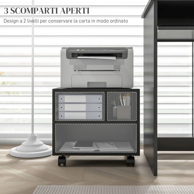 HOMCOM Mobile Porta Stampante a 2 Livelli con 3 Scomparti e Ruote per Ufficio e Studio, 40x30x36cm, Nero