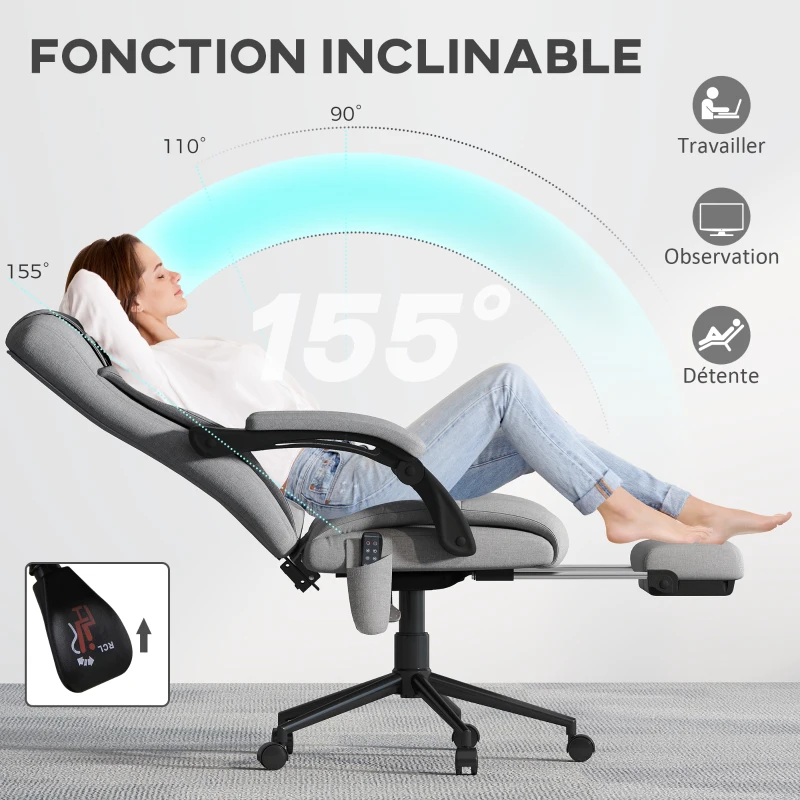 Vinsetto Chaise de bureau de massage chauffante réglable en hauteur de 116-124 cm ergonomique inclinable tissu effet lin, gris