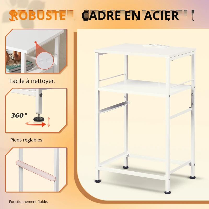 Table de chevet avec fonction de charge, grand espace de rangement, convient pour chambre à coucher, salon et bureau, 39,8x29,8x64,2 cm, Blanc