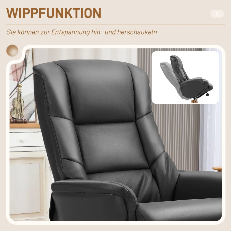 HOMCOM Relaxfauteuil met hocker, loungestoel met ligfunctie en schommelstand voor woonkamer of slaapkamer, kunstleer, zwart