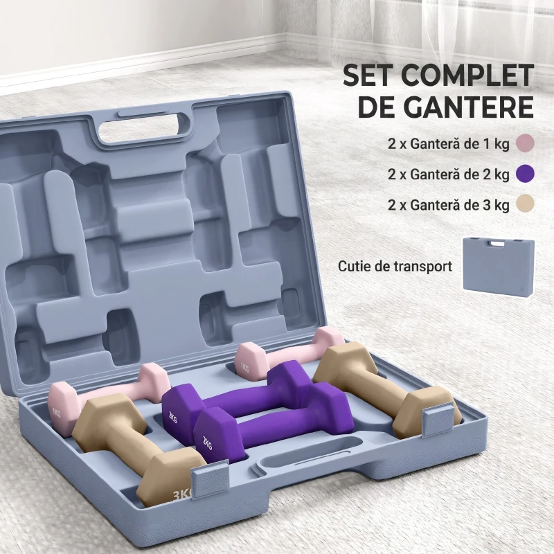 SPORTNOW Set gantere fitness 12 kg cu mâner antiderapant și valiză, multicolor