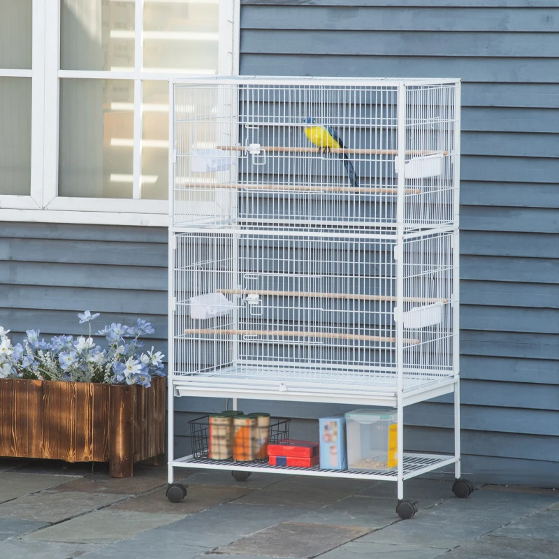 PawHut Jaula para Pájaros con Ruedas 78x52x132 cm con Bandeja Extraíble y Estante para Canarios Periquitos Blanco