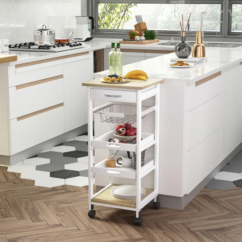 HOMCOM Carrello da Cucina Salvaspazio in MDF, Carrello Portaoggetti con Cassetto, Cestello, 2 Vassoi e 4 Ruote Universale, 37x37x82cm, Bianco