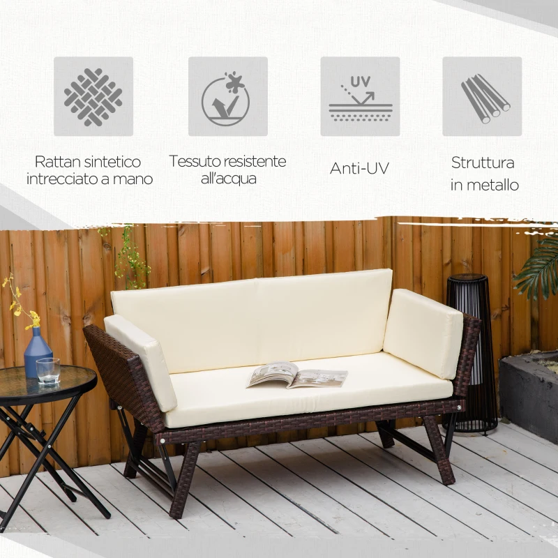 Outsunny Divano 2 Posti con Braccioli Estensibili da Giardino Rattan 129x63x67cm Bianco, Marrone