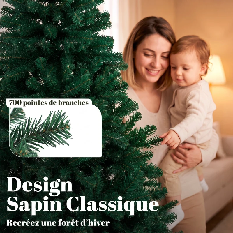 HOMCOM Sapin de Noël Artificiel 180 cm, Arbre de Noël avec 700 Pointes de Branches Articulées, Support Pliable en Acier, Vert
