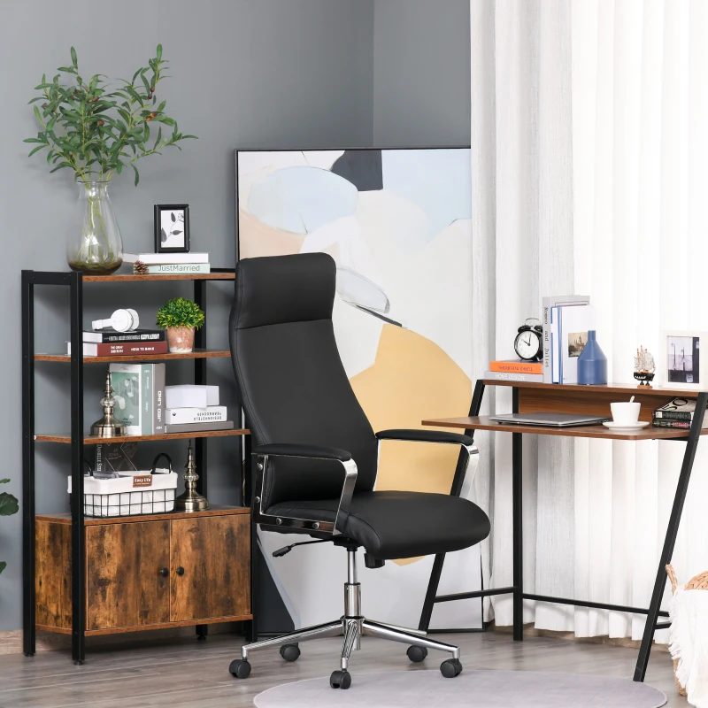 HOMCOM Fauteuil de bureau manager design contemporain hauteur assise réglable pivotant 360° piètement accoudoirs chromés PU noir
