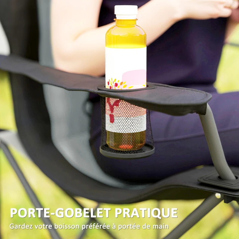 Outsunny Lot de 2 chaise pliante camping rembourrée à dossier haut avec porte-gobelet, charge 120Kg, gris foncé