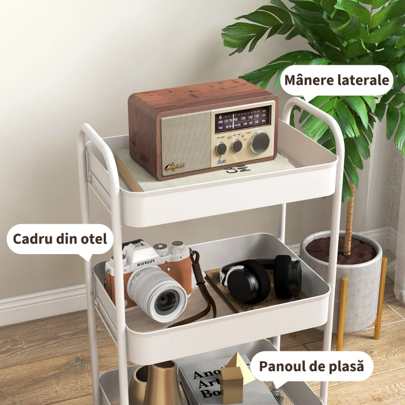 HOMCOM Cărucior pentru Depozitare pe 3 Nivele și Roți cu Frâne, Cărucior Rulant cu 3 Coșuri din Plasă, 45x30,6x79 cm, Alb