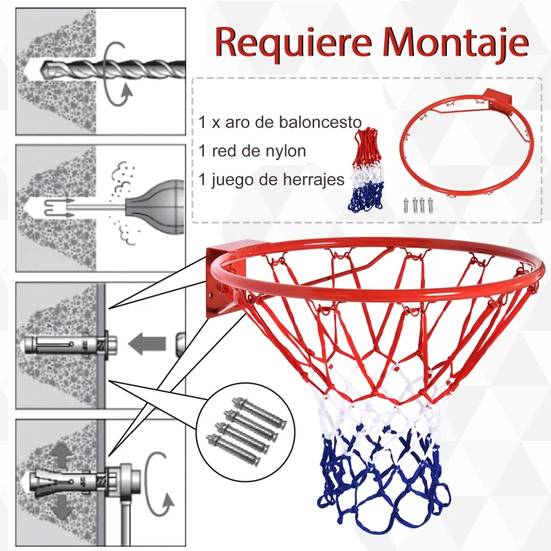 HOMCOM Canasta de Baloncesto de Pared Ø46 cm Aro de Baloncesto con Red de Baloncesto Marco Metálico y 12 Ganchos Rojo
