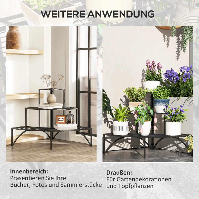 Outsunny Hoekplantenstandaard, 3-laags Bloemenstandaard, Metaal, Voor Binnen en Buiten, Bloempottenstandaard, Zwart