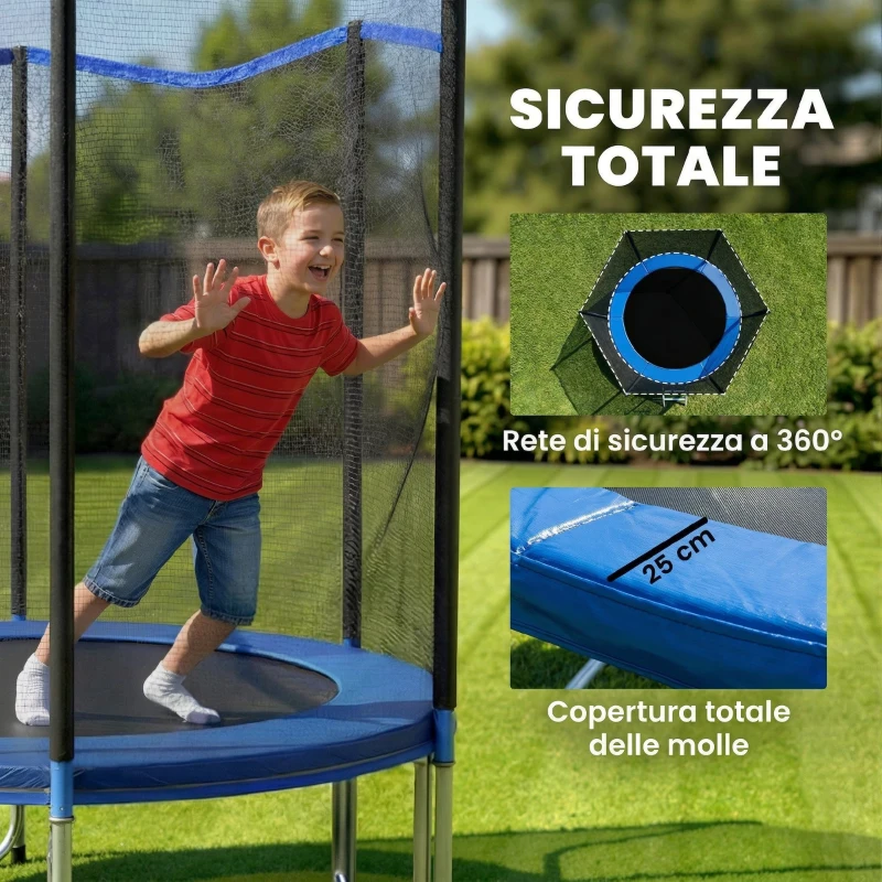 SPORTNOW Trampolino Elastico da Giardino Ø183x200 cm con Rete di Protezione e Scala, in Acciaio e PP, Blu
