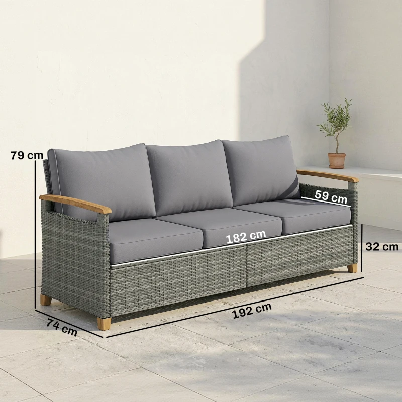 Outsunny 3 Seater Rattan Garden Sofa, PE Wicker Outdoor Sofa Wide Deep Seat, 4" Cushions, Wood-Effect Armrests Legs, Dark Grey