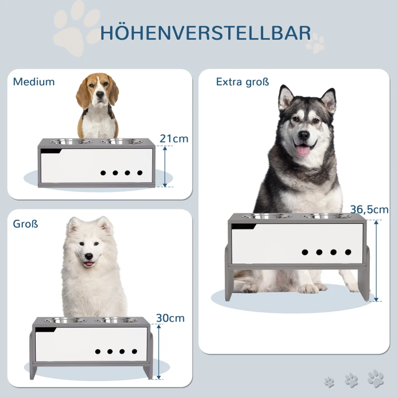 PawHut Verhoogd voerstation voor honden, met opbergruimte en anti-schrokmat, 2 x 2000 ml roestvrijstalen kom, grijs
