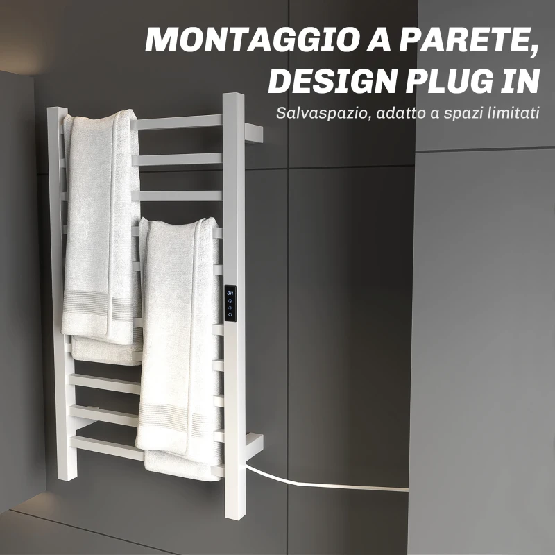 HOMCOM Scaldasalviette Elettrico Smart a 10 Barre con Timer e Display LCD, in Acciaio Inox, 45x11x80 cm, Bianco