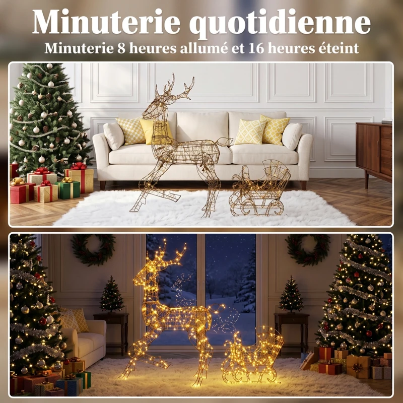 Outsunny Renne de Noël avec Traîneau Lumineux 2 Pièces en Rotin PP, 175 LED Blanc Chaud, 8 Modes, Minuterie, 82x32x120cm, Marron