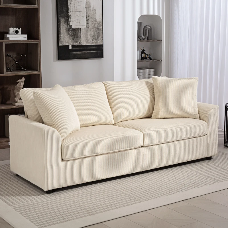 HOMCOM 3 Seater Sofa, 212cm Corduroy Couch with Spring Cushion, Wide and Deep Seat, Plush Backrest, 2 Pillows, Sofa Settee for Living Room, Home Office, Cream White