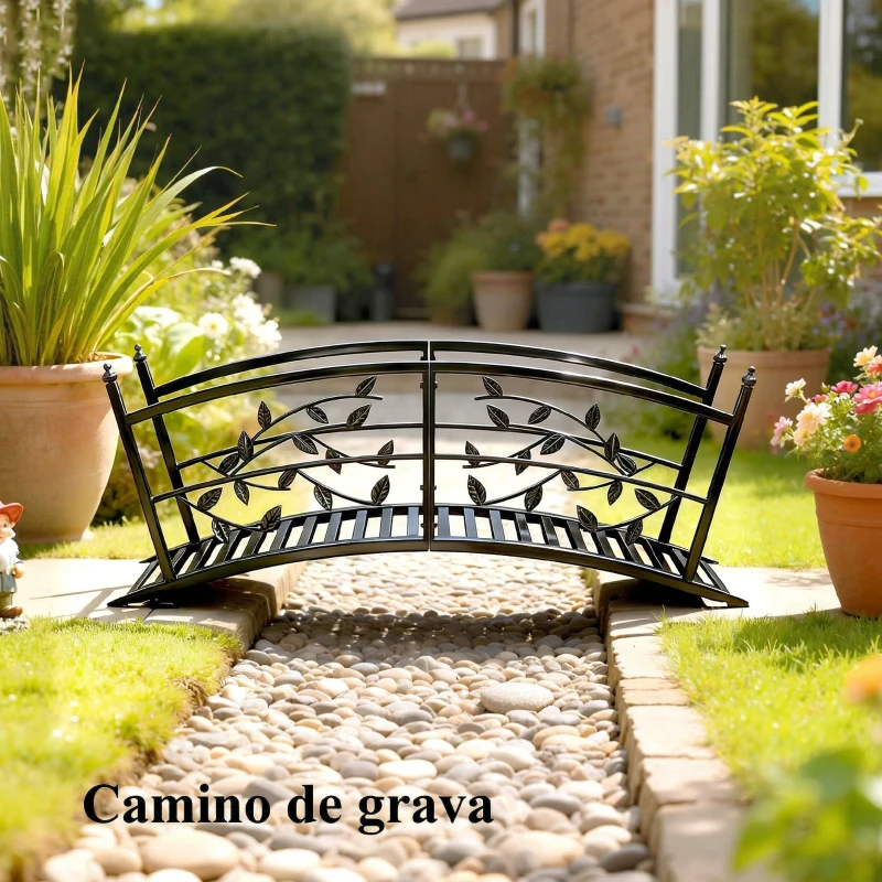 Outsunny Puente de Jardín Metálico 1,2 m Puente Decorativo para Estanques con Barandillas de Seguridad y Diseño de Hojas Negro