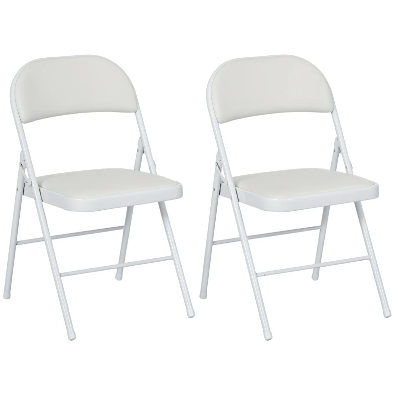 HOMCOM 2-delige Set Opklapstoelen, Draagbare Bureaustoelen, Metalen Poten, Opvouwbare Stoel voor Kantoor, Receptie, Wachtkamer, Kunstleer, Wit