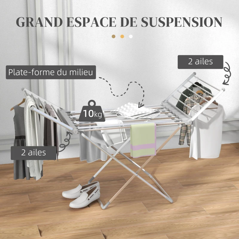 HOMCOM Séchoir à linge étendoir à linge 2 ailes latérales extensibles cadre en alliage d'aluminium 144 x 53 x 91 cm