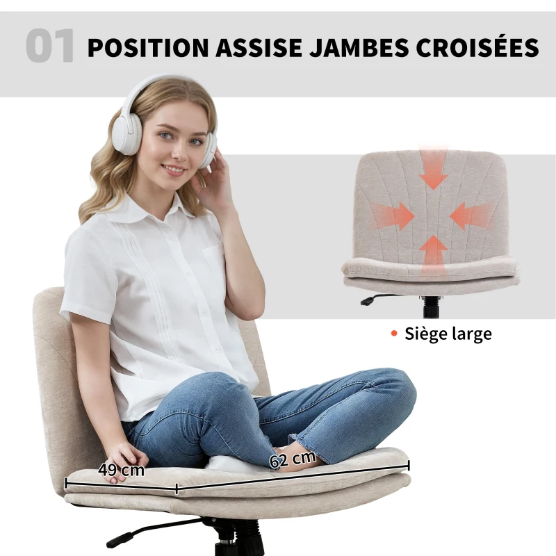 HOMCOM Chaise de bureau sans accoudoirs, fauteuil de bureau en chenille, hauteur réglable, 62 x 67 x 83-93 cm, beige