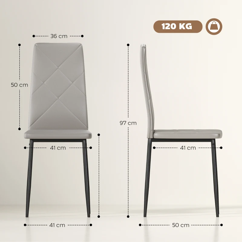 HOMCOM Set di 6 Sedie da Pranzo Moderne con Schienale Alto in Finta Pelle e Acciaio, 41x50x97 cm, Grigio