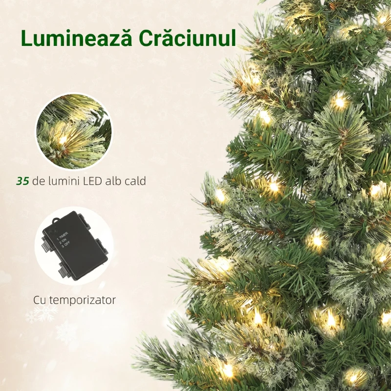 HOMCOM Brad de Crăciun Mic, Înălțime 60 cm cu 35 Luminite LED Albe, 68 Crengi Dese și Ignifuge, Verde
