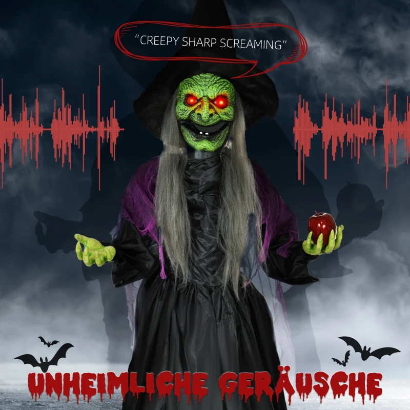 HOMCOM Heks met Giftappel, Halloween Decor, Griezelige Geluiden, Rode Ogen, Beweegbare Armen, 180 cm