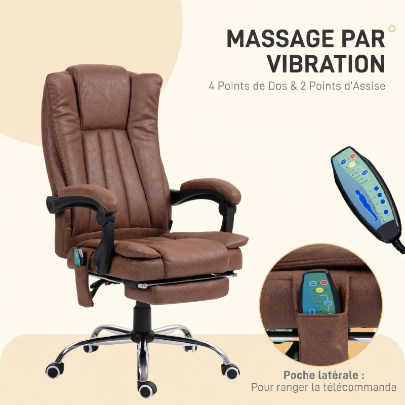 Vinsetto Fauteuil de bureau massant et chauffant avec hauteur réglable, dossier inclinable, repose-pied et télécommande, marron