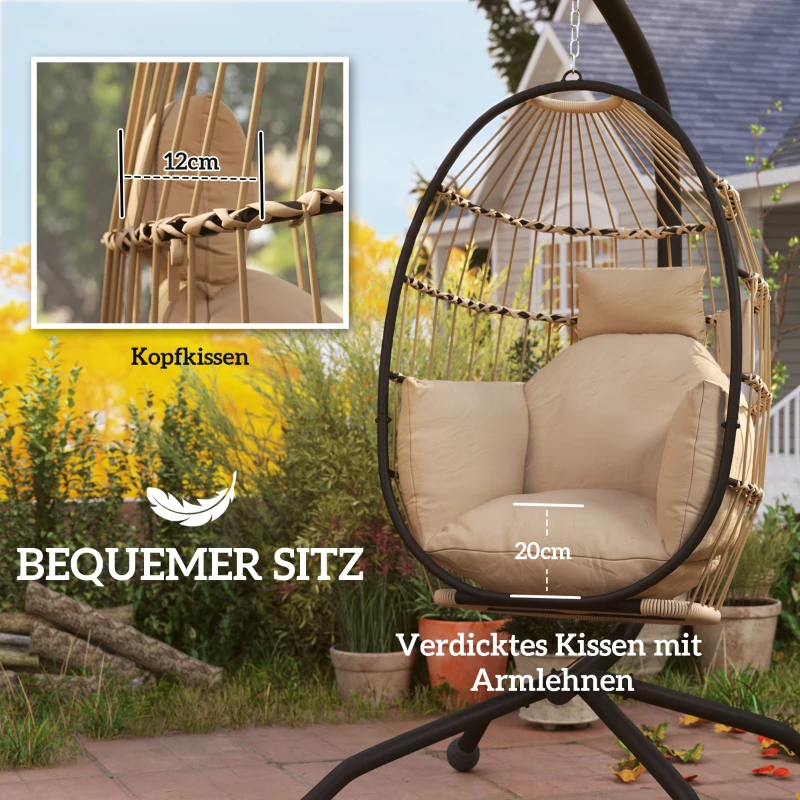 Outsunny Hangende schommelstoel voor buiten met opvouwbare mandzitting en dikke kussens, frame, hoofdsteun, bekerhouder, Khaki