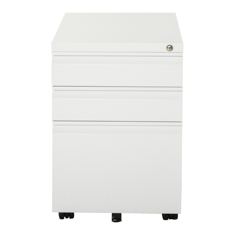 HOMCOM Rolcontainer met 3 lades – Mobiele archiefkast met wielen, afsluitbaar Bureau- en thuiskantoor kast met concave grepen, 39 x 48 x 60 cm,Wit
