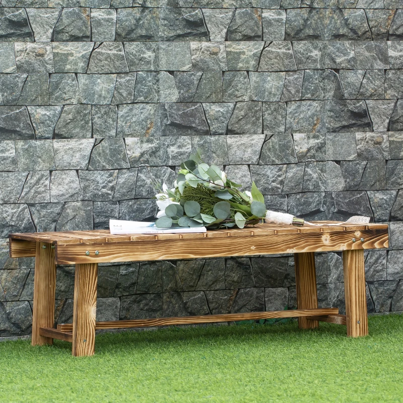Outsunny Wooden Garden Benches, 2 Seater Outdoor Benches, Fir Wood Backless Patio Loveseat with Slatted Seat for Park, 110 x 38 x 35 cm, 3 Pieces, Carbonised