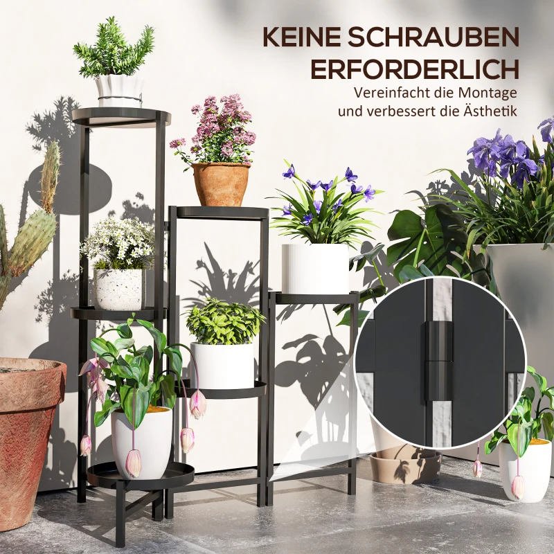Outsunny Bloemenstandaard, Plantenstandaard met 6 Verstelbare Ronde Planken, Hoekstandaard voor Plantenpotten, Metaal, Zwart