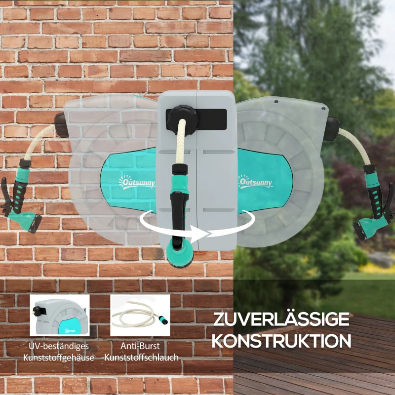 Outsunny Tuinslanghouder, 30+2 meter tuinslang in robuuste behuizing, muurbevestiging, 7 sproeipatronen, 180° draaibaar, Groen
