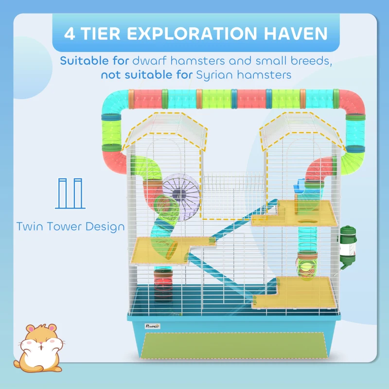 PawHut 4 Tier Hamster Cage w/ Tubes, Exercise Wheel, Hut, Water Bottle, Food Dish, Ramps, for Dwarf Hamster, Light Blue
