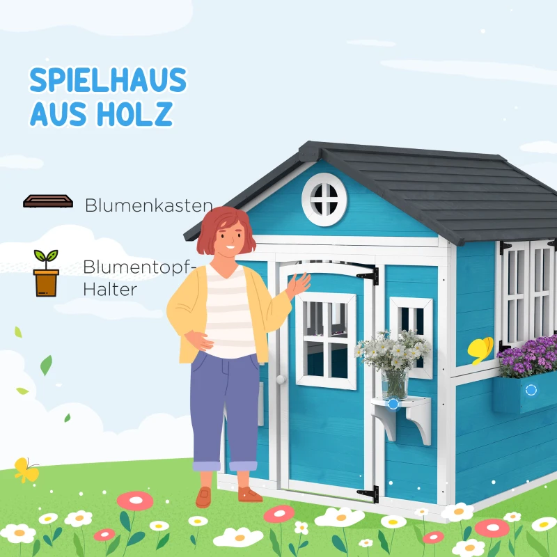 Outsunny Kinderspeelhuis, houten speelhuis voor kinderen, buitenspeelhuis met ramen, bloempotten, 3-8 jaar, blauw(m-4)