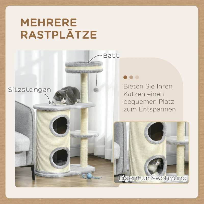 PawHut Krabpaal met Krabton, 1 Kattenbed en Kattenspeelgoed, 59 cm x 35 cm x 100 cm, Grijs