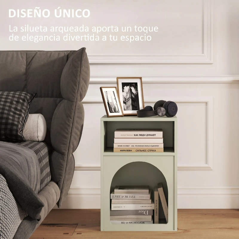 HOMCOM Mesilla de Noche Estrecha con 2 Compartimentos Abiertos Diseño en Forma de Arco 40x30x60 cm Verde Claro