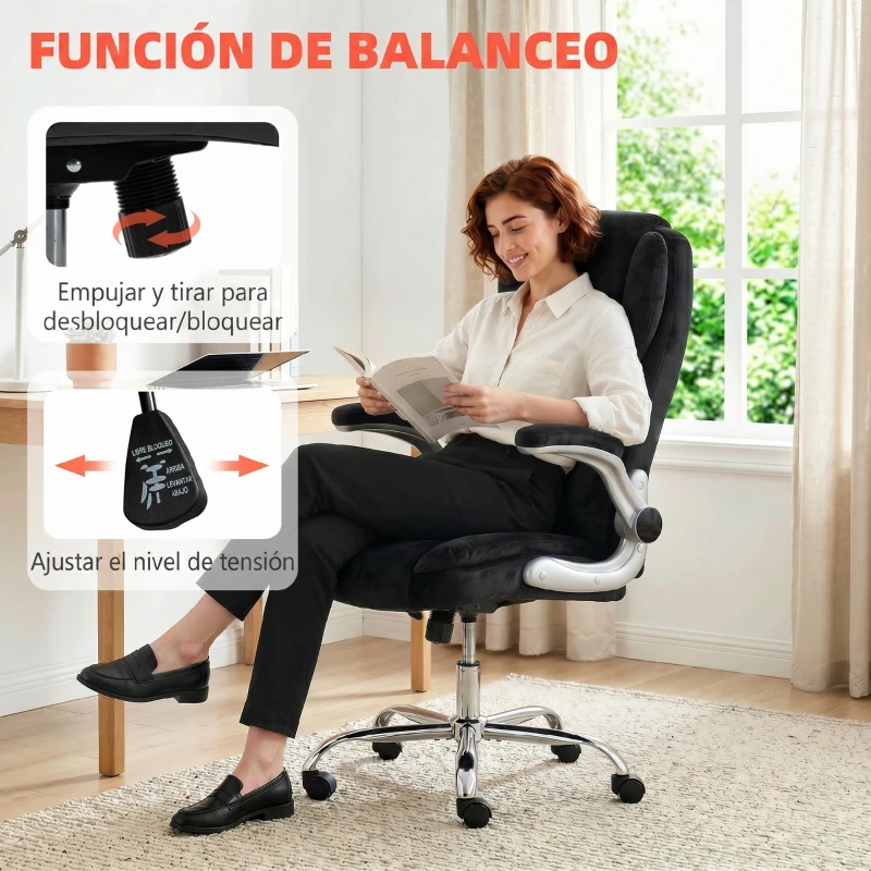 HOMCOM Silla de escritorio Ergonómica con Respaldo Alto Reposabrazos Abatibles Asiento con Muelles Altura Ajustable Negro