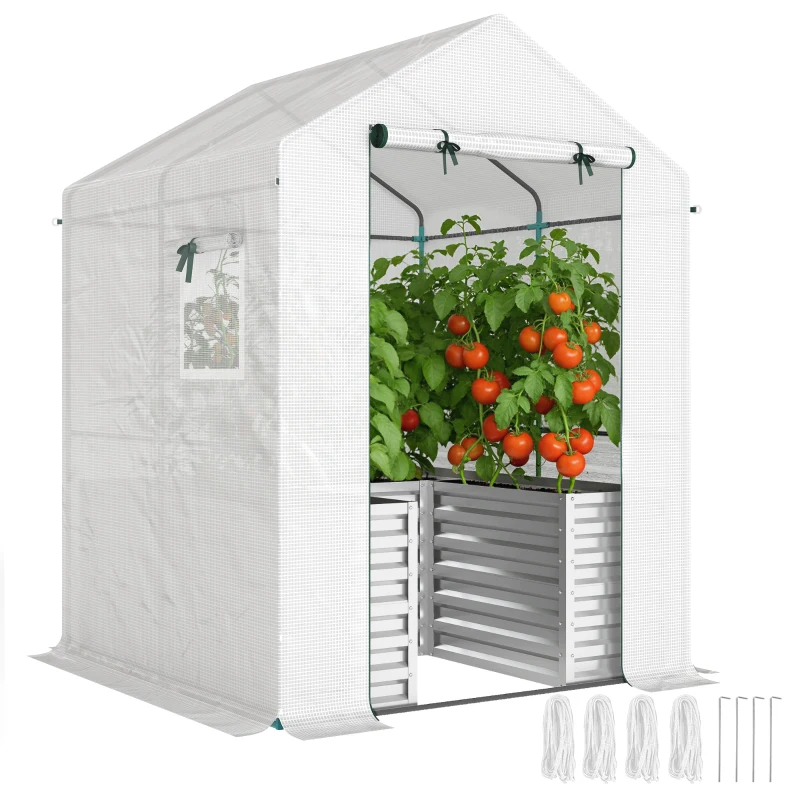 Outsunny Tomatenkas Foliekas met Verhoogde Plantenbak Oproldeur Ramen Schuin Dak 141 x 141 x 190 cm Wit