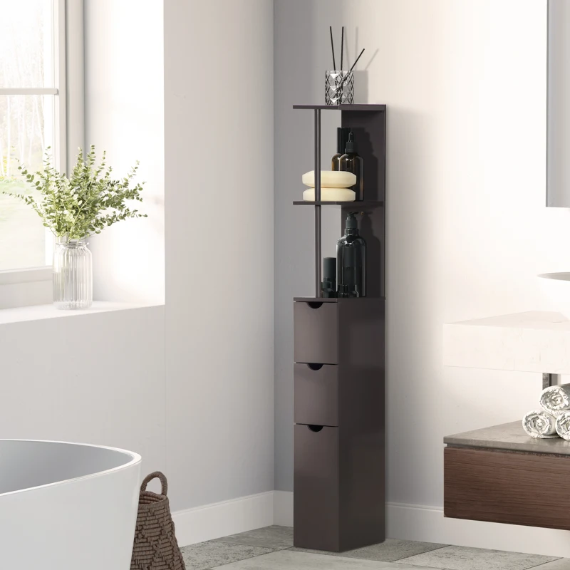 HOMCOM Tall Bathroom Cabinet, Freestanding Slim Bathroom Storage Cabinet with 2-Tier Open Shelf and 2 Drawers for Small Space, Narrow Cupboard Storage Unit, Brown