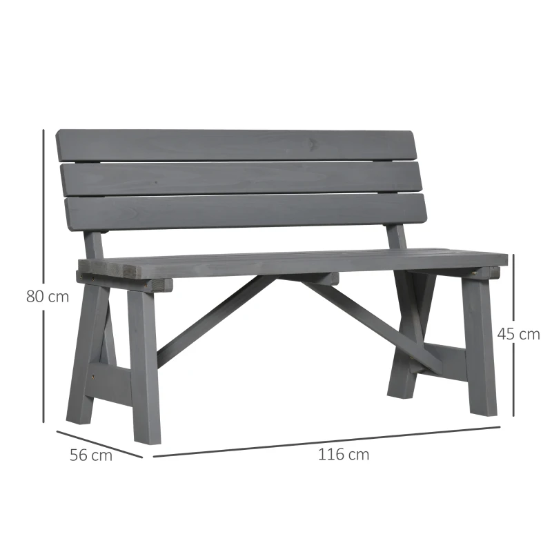 Outsunny 2-zits Tuinbank van Hout, Weer- en UV-Bestendig met Rugleuningen 116 x 56 x 80 cm, Grijs