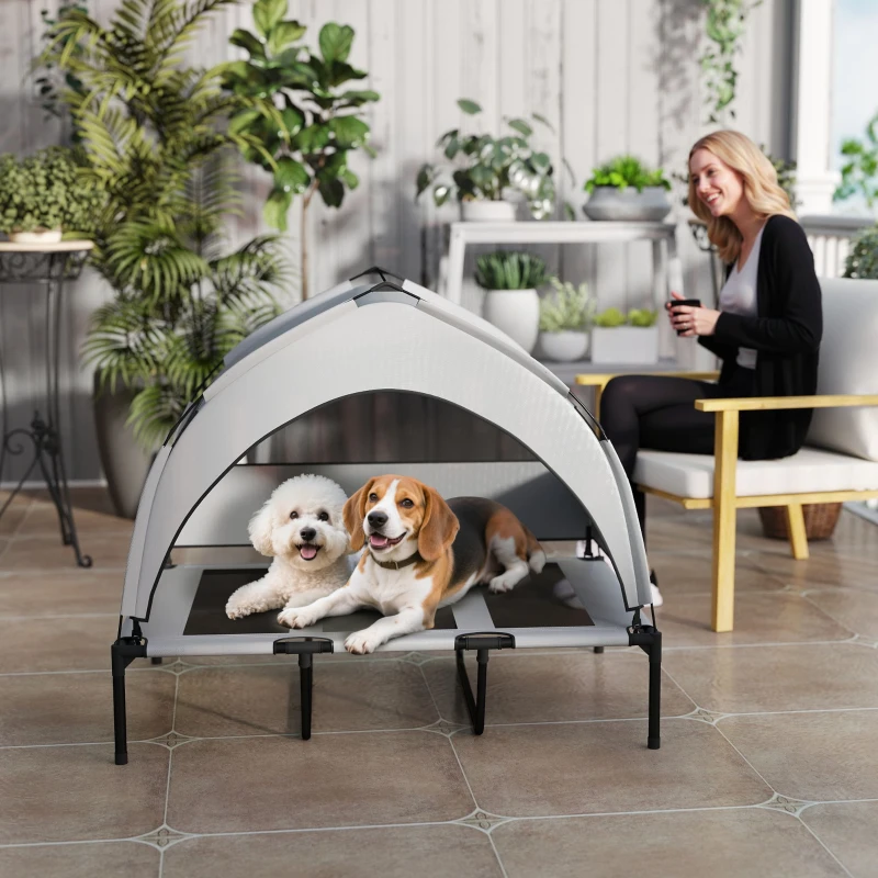 PawHut Lettino per Cani con Copertura a 3 Lati Rimovibile, in Poliestere e Acciaio, 106x76x94 cm, Grigio Chiaro e Nero