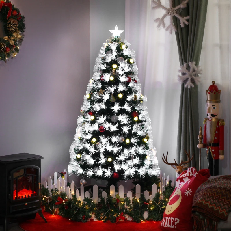 HOMCOM Albero di Natale Artificiale 150cm con Luci Incorporate e 180 Rami, Albero di Natale con Luci a LED e Fibre Ottiche, Base Pieghevole Rimovibile