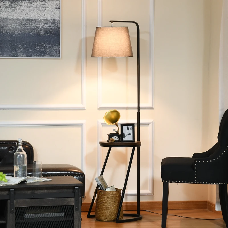 HOMCOM 165cm Unique Floor Lamp & Middle Wood Shelf Industrial Style Steel Frame Curved Base Home Office Lighting Storage Brown&Black