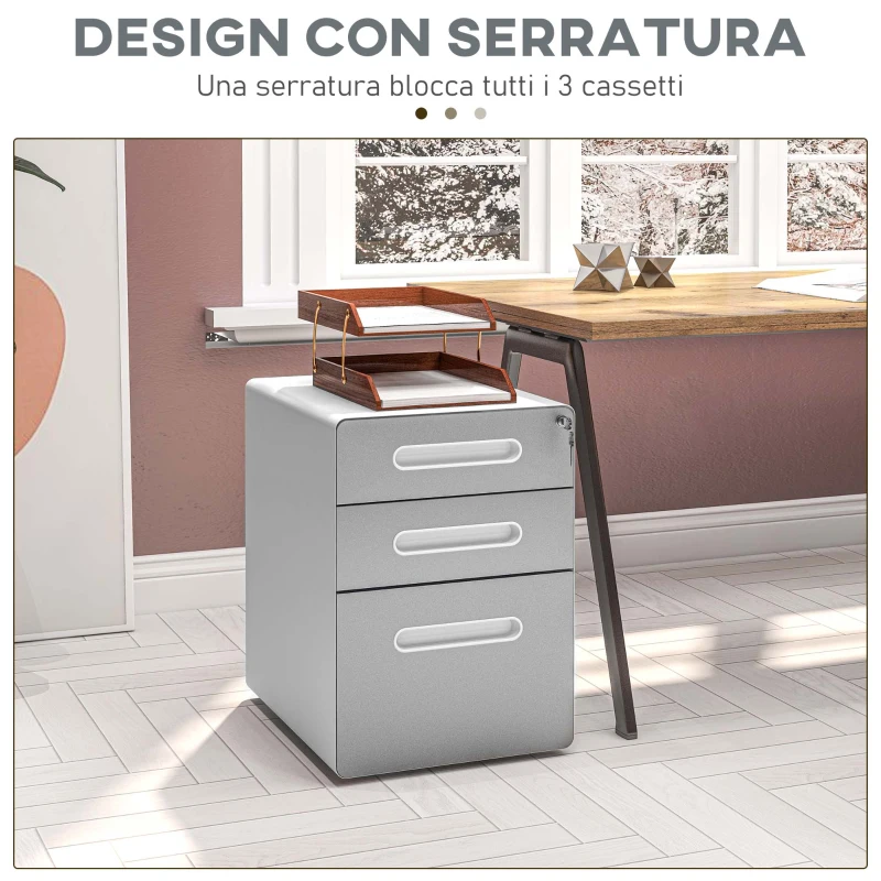 Vinsetto Cassettiera per Ufficio a 3 Cassetti con Serratura, Ruote, Portadocumenti Formato A4, Legale e Lettera, Grigio Chiaro