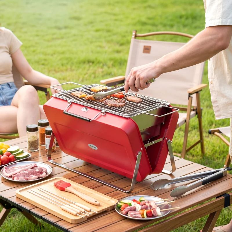 Outsunny Portable Mini Charcoal Barbecue Grill with Suitcase Shell, Outdoor Folding Tabletop BBQ Grill, Red