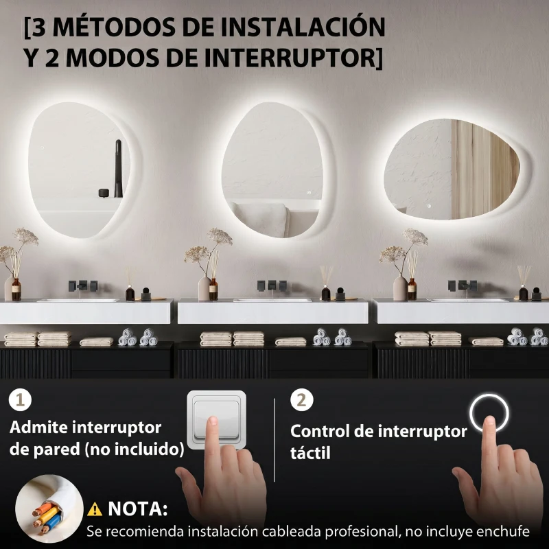 HOMCOM Espejo de Baño con Luz LED 80x60 cm 3 Colores de Luz Brillo Regulable Función Antivaho Función de Memoria IP44
