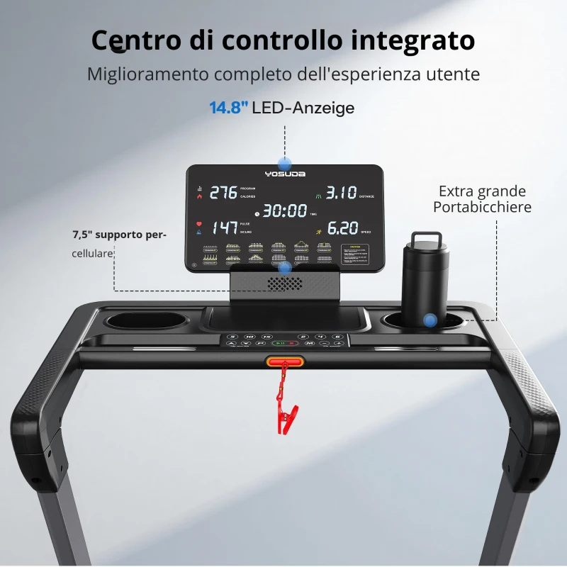 Tapis roulant pieghevole, sistema di chiusura pneumatico azionabile con una sola mano, 4 cuscini elastici, 145x89x130 cm, Nero